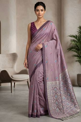 Lavender paisley ready pleated cotton saree