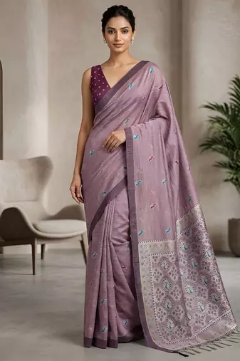 Lavender paisley ready pleated cotton saree