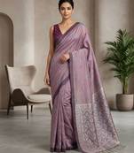 Lavender paisley ready pleated cotton saree