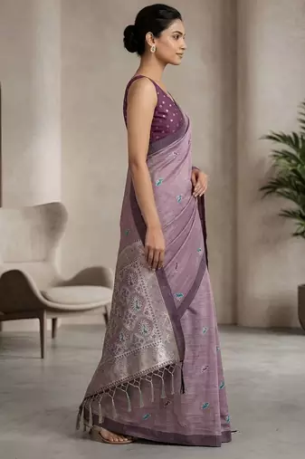 Lavender paisley ready pleated cotton saree