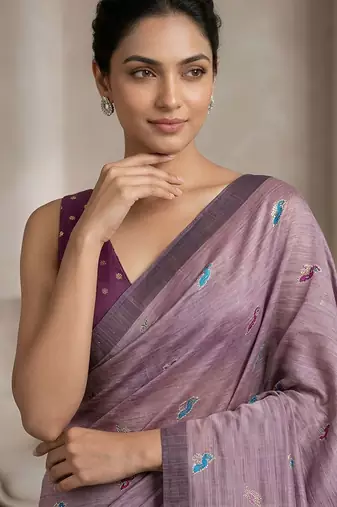 Lavender paisley ready pleated cotton saree
