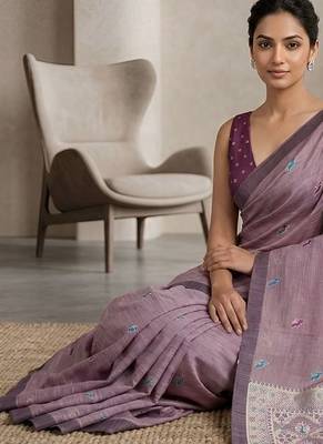 Lavender paisley ready pleated cotton saree 4