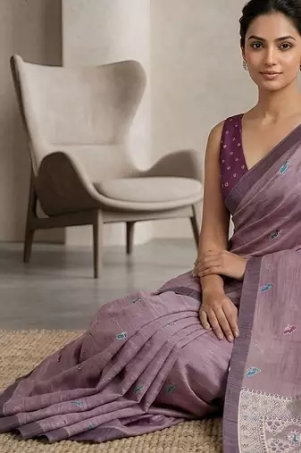 Lavender paisley ready pleated cotton saree