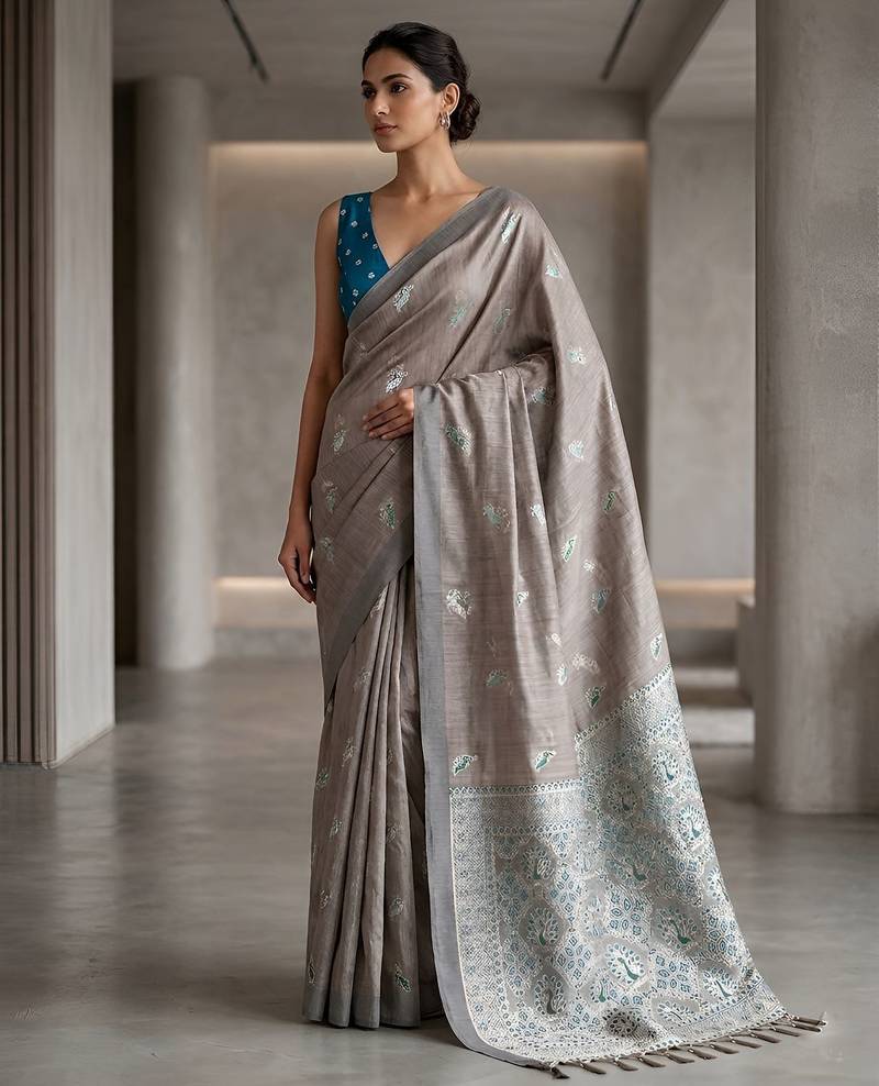 Silver weave instant wear cotton silk saree
