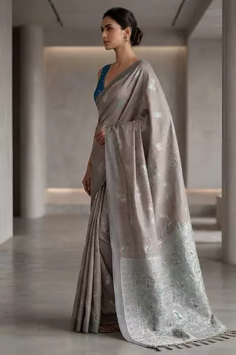 Silver weave instant wear cotton silk saree