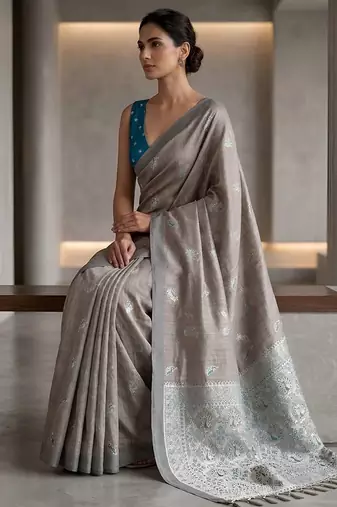 Silver weave instant wear cotton silk saree