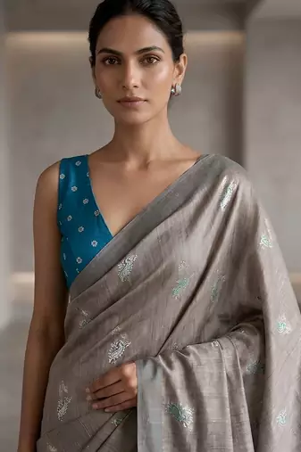 Silver weave instant wear cotton silk saree
