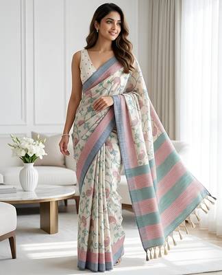 Mint blossom pre stitched cotton silk saree 1