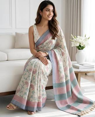 Mint blossom pre stitched cotton silk saree 2