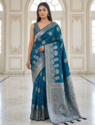 Teal blue ready to wear zari woven saree 1