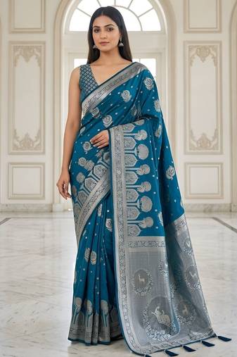 Teal blue ready to wear zari woven saree