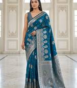 Teal blue ready to wear zari woven saree