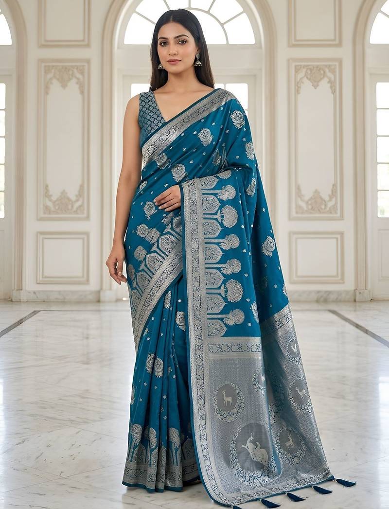 Teal blue ready to wear zari woven saree