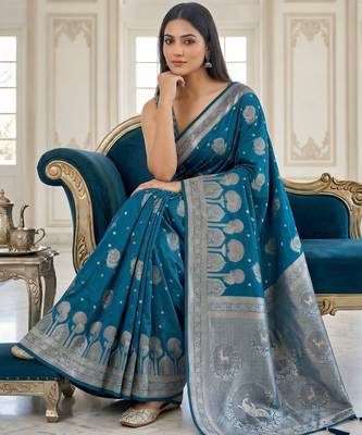 Teal blue ready to wear zari woven saree 2