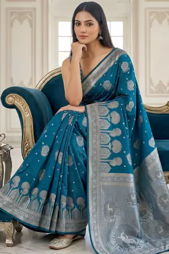 Teal blue ready to wear zari woven saree