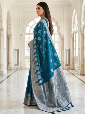 Teal blue ready to wear zari woven saree 3