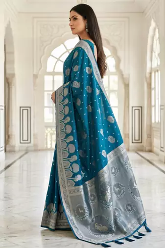 Teal blue ready to wear zari woven saree