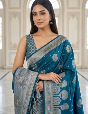 Teal blue ready to wear zari woven saree 4