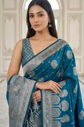 Teal blue ready to wear zari woven saree