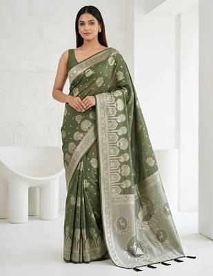 Olive readymade zari woven saree 1