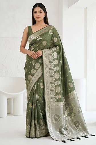 Olive readymade zari woven saree