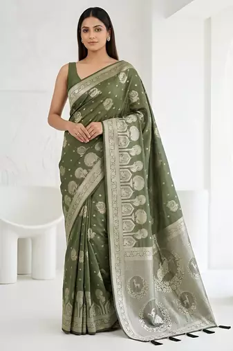 Olive readymade zari woven saree