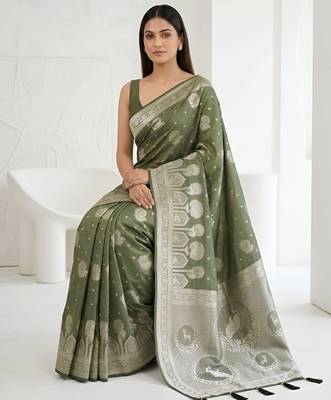Olive readymade zari woven saree 2