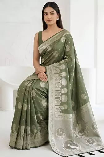 Olive readymade zari woven saree