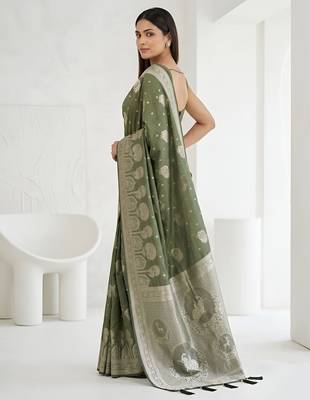 Olive readymade zari woven saree 3