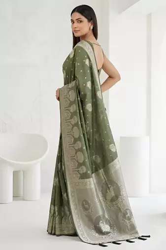 Olive readymade zari woven saree