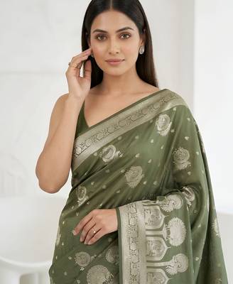 Olive readymade zari woven saree 4