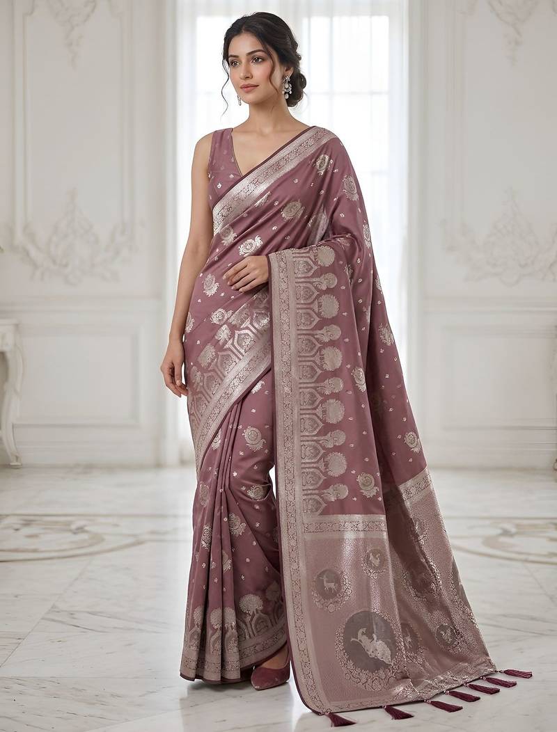 Rose mauve pre stitched zari saree