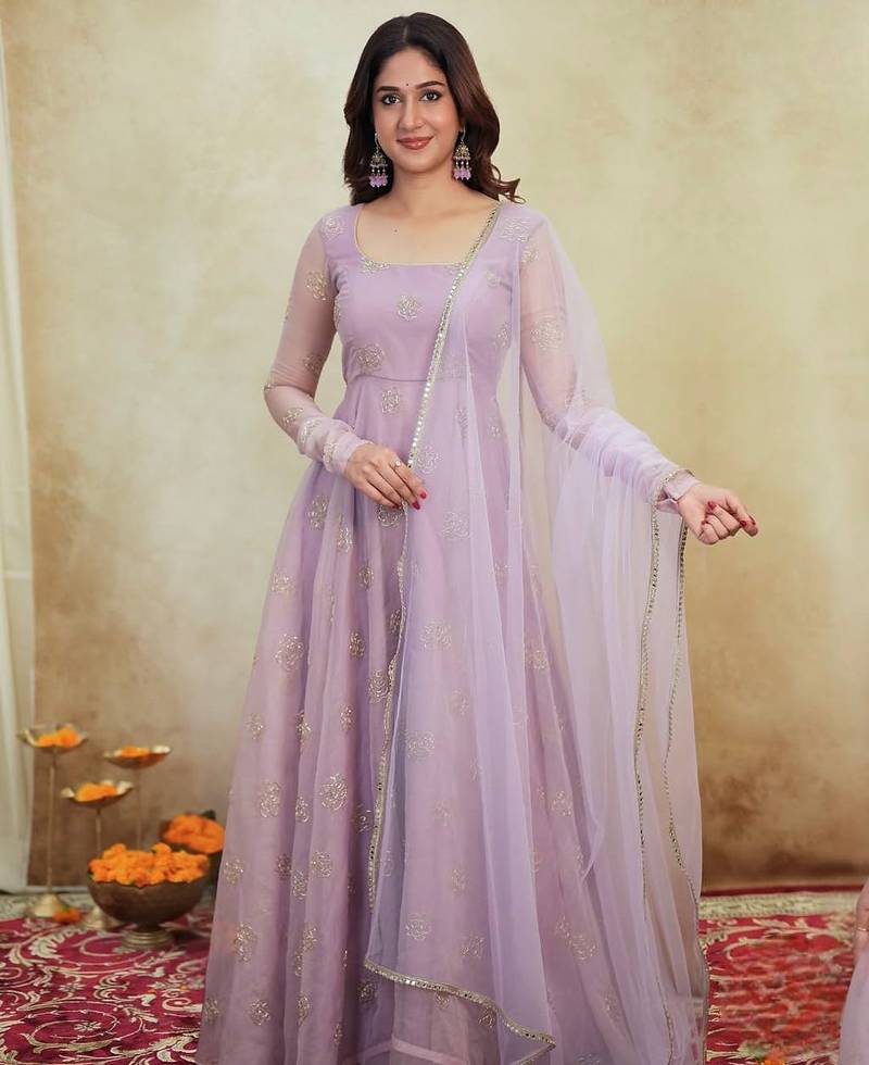 Lavender embroidered organza anarkali set