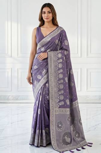 Lavender ready pleated zari woven saree