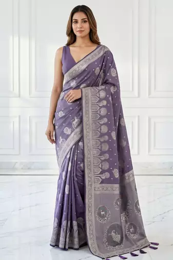 Lavender ready pleated zari woven saree