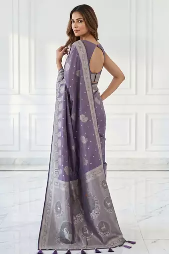 Lavender ready pleated zari woven saree