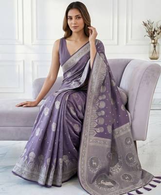 Lavender ready pleated zari woven saree 3