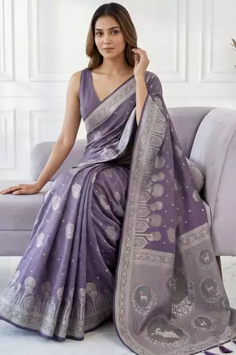 Lavender ready pleated zari woven saree