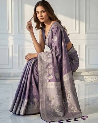 Lavender ready pleated zari woven saree 4