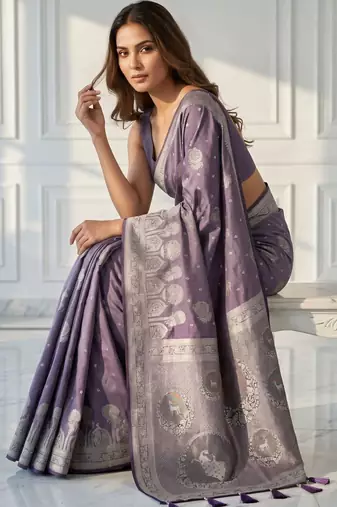 Lavender ready pleated zari woven saree