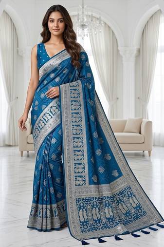 Sapphire blue instant wear zari saree