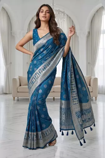Sapphire blue instant wear zari saree