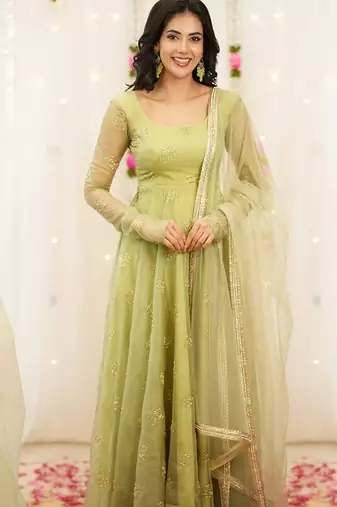 Green embroidered organza anarkali set