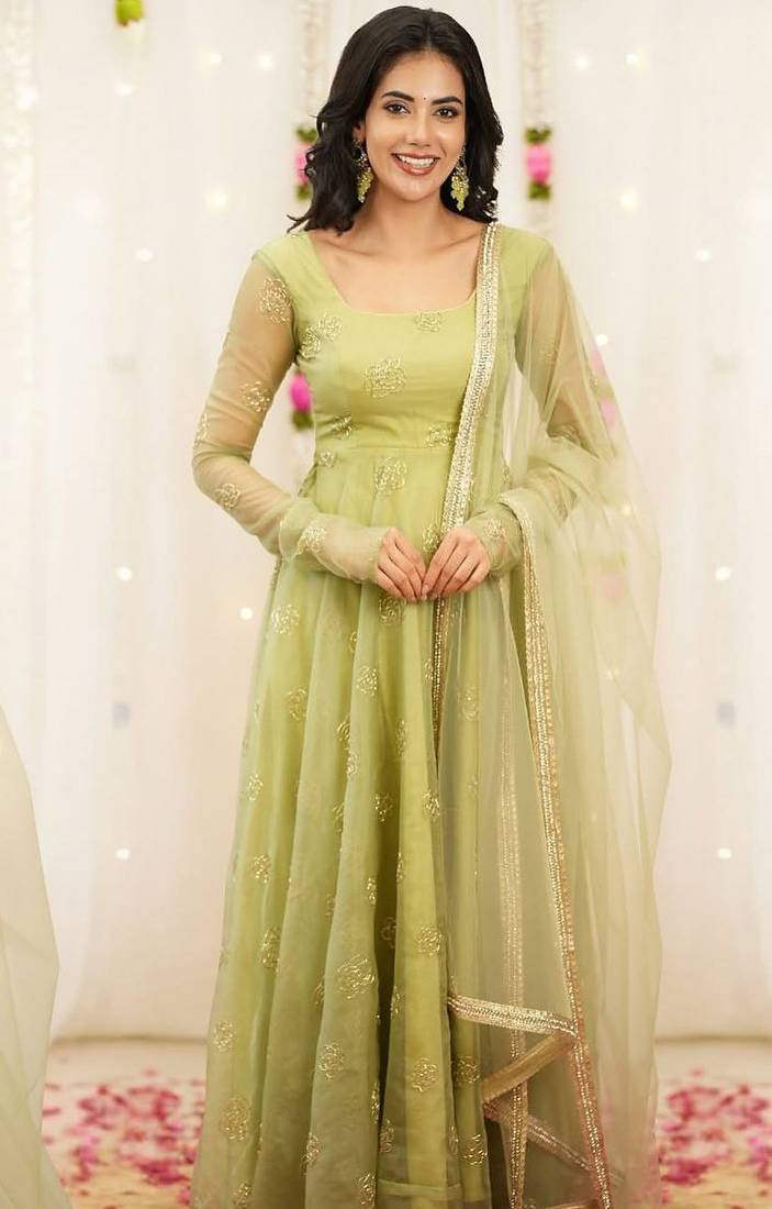 Green embroidered organza anarkali set
