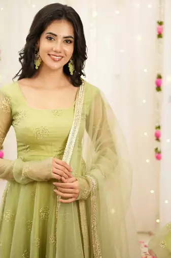 Green embroidered organza anarkali set