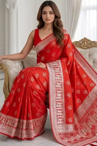 Crimson red one minute zari saree