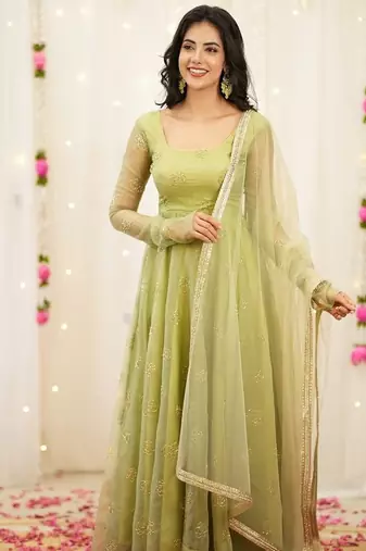 Green embroidered organza anarkali set