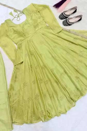 Green embroidered organza anarkali set