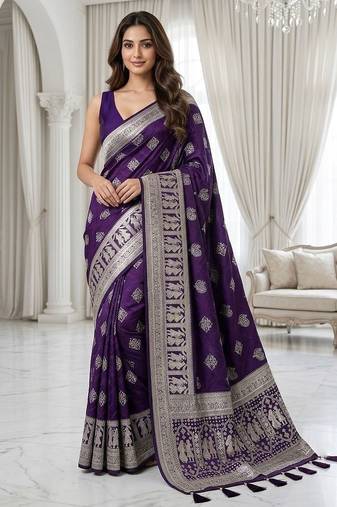 Wine purple pre draped zari saree