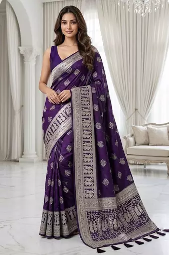 Wine purple pre draped zari saree